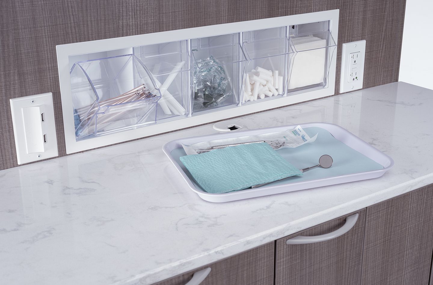 A-dec Inspire 391 hygiene console tip-out bins and countertop