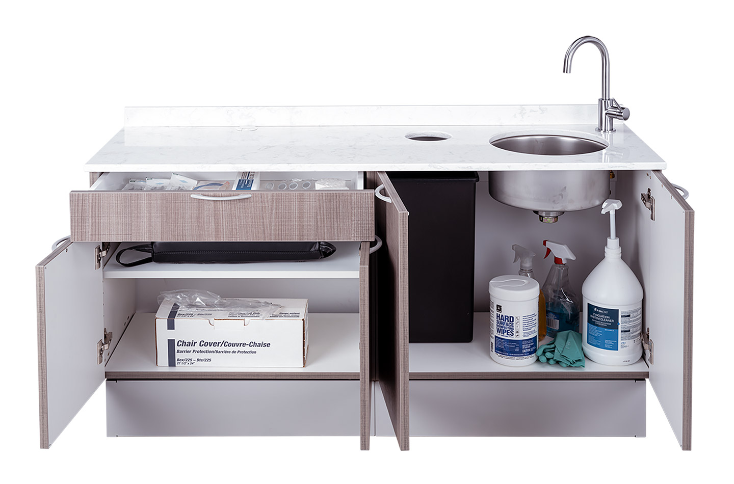A-dec Inspire 393 side console with open drawers and cabinets