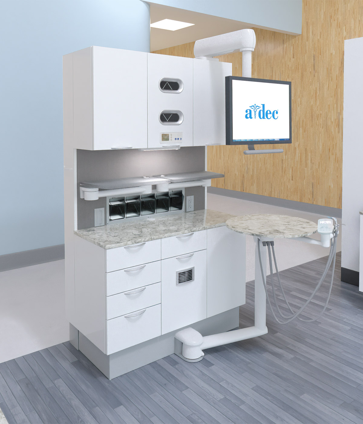 A-dec Inspire 391 dental cabinet in a dentist office