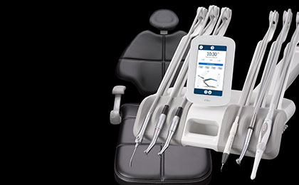 A-dec 500 Pro connected dental delivery system in front of A-dec 500 dental chair